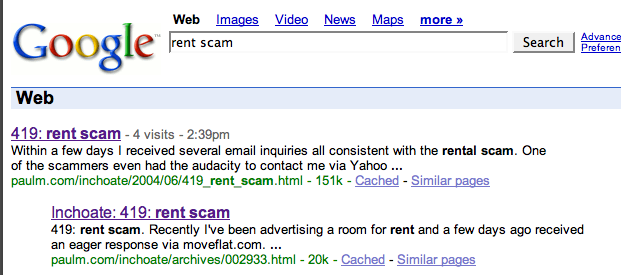 Google for 'rent scam' shows two results, both my site, both essentially same content